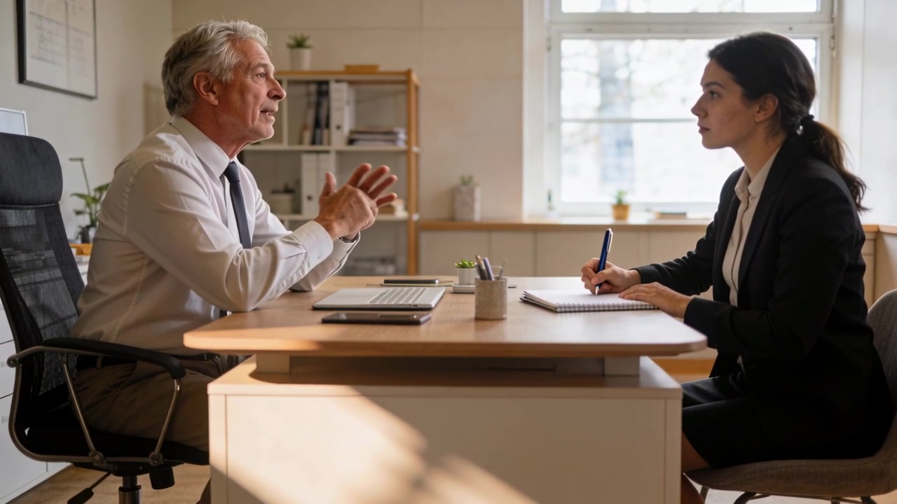 Leaning manager in tie explaining points during meeting woman taking notes on notepad with blue pen