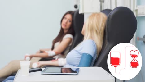 Animation-of-blood-collection-bag-and-hourglass-logo-over-female-donors-talking