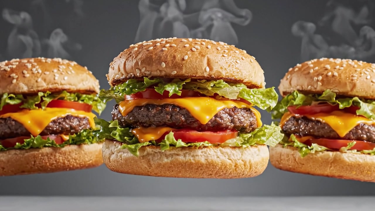 Una visione superba di tre gustosi hamburger con panini al sesamo tostati, lattuga croccante, formaggio fuso e pomodori freschi, che cattura l'essenza del fast food gourmet con dettagli mozzafiato