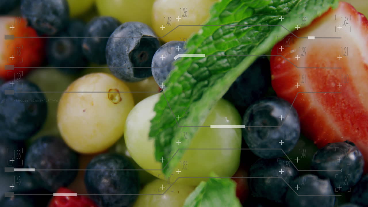 Fresh fruits with mint leaves overlaid with digital data processing animation