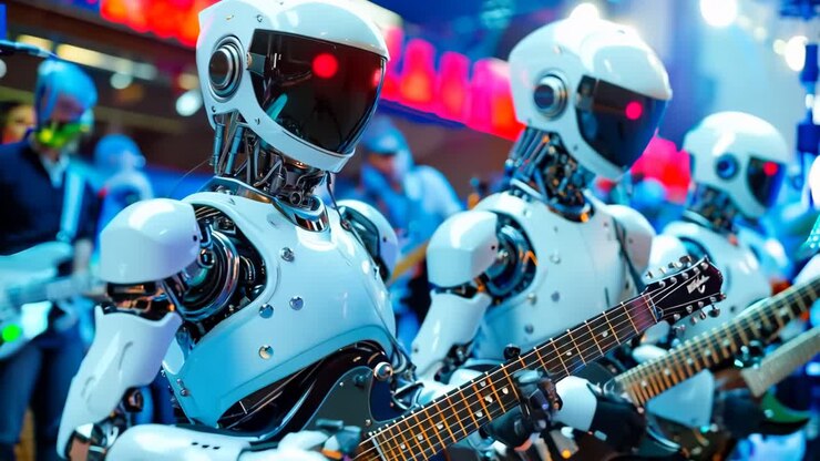 un grupo de robots tocando guitarras frente a una multitud