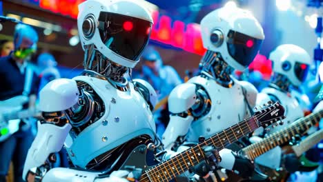 un grupo de robots tocando guitarras frente a una multitud