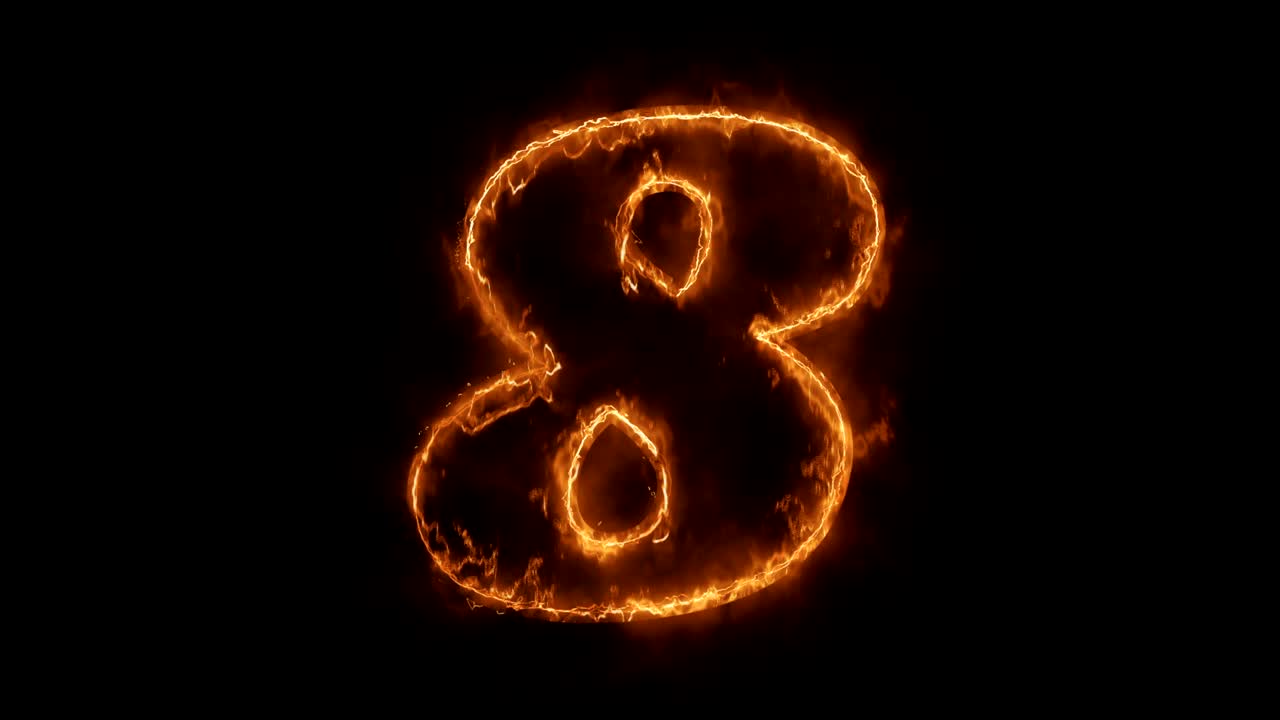 número 8 palabra animada caliente quema ciclo de llama de fuego realista.