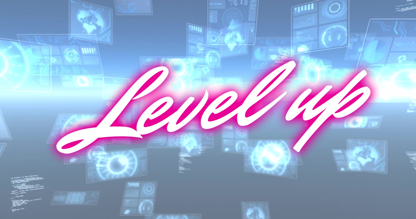 Animation of level up text and data processing on black background