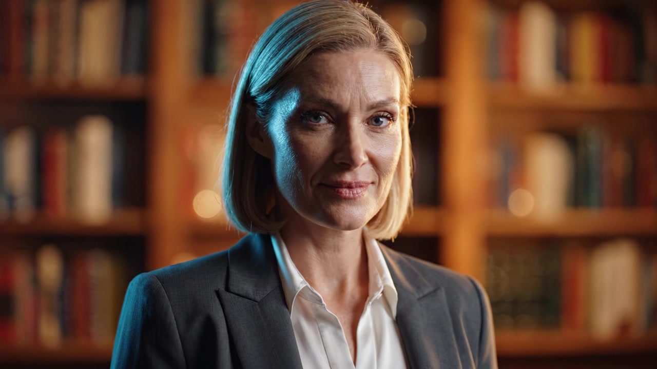 Una donna professionista pensierosa in un ambiente elegante che riflette sicurezza e compostezza con uno splendido sfondo di biblioteca, catturando un momento di contemplazione.