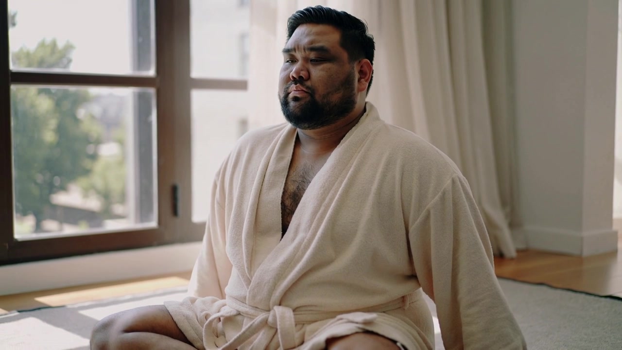 Glancing cross-legged man in tan robe turning gaze in bright room by window, sunlight drawing focus