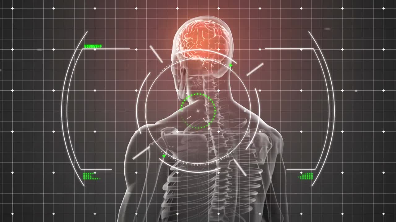 animación de glitch sobre el visor y modelo humano con cerebro en fondo gris