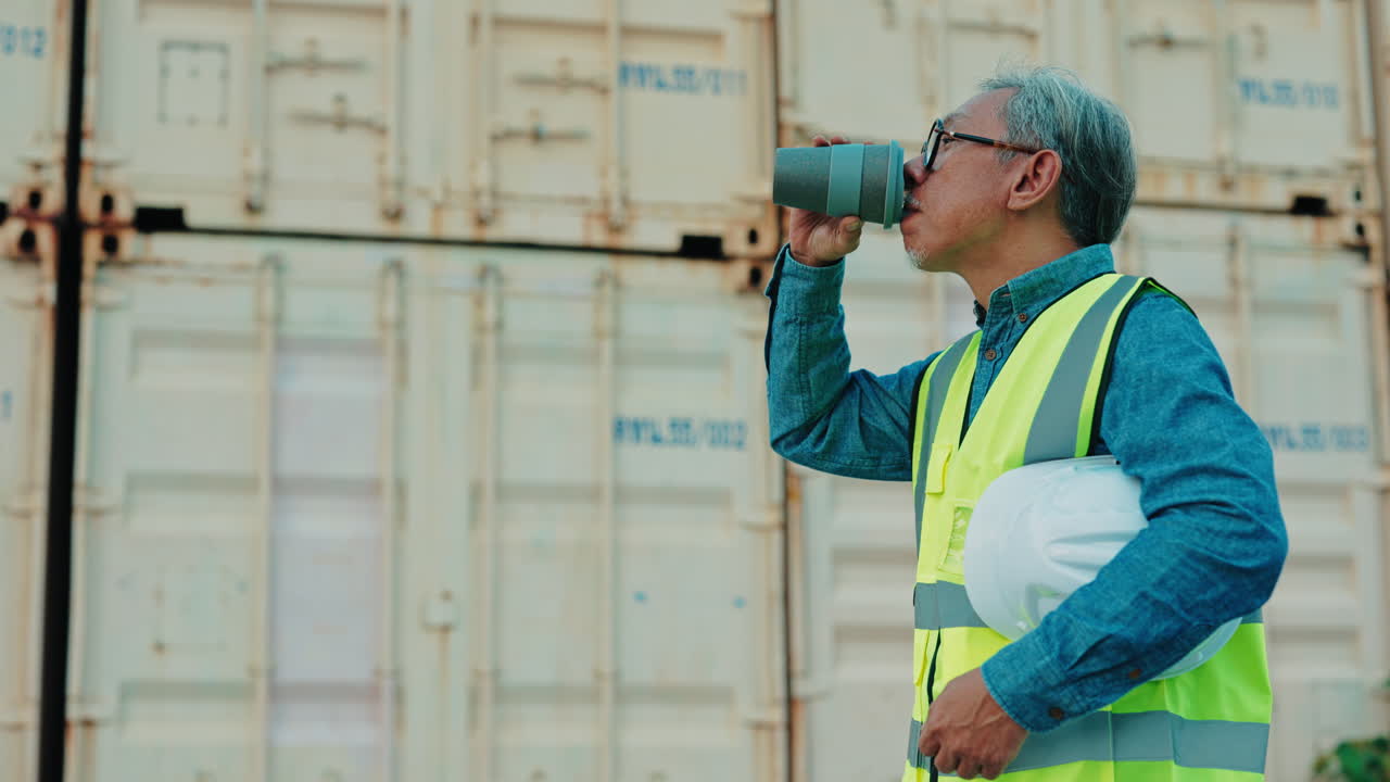 Senior Engineer Drinking Coffee at a Port