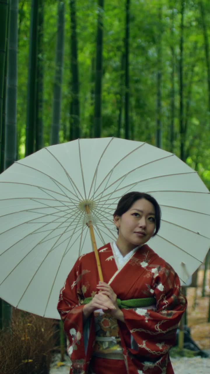 Woman in Kimono with Umbrella in a Bamboo Forest