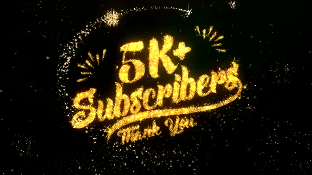 5k 가입자 인사 및 소원 카드는 반이는 입자 및 반이는 빛의 어두운 밤 하늘과 다채로운 불꽃놀이 4k 배경으로 만들어졌습니다.