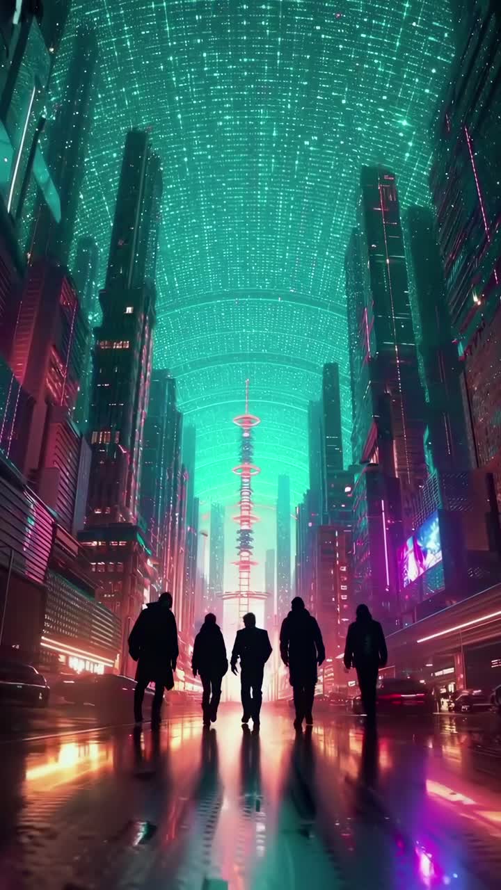Video di paesaggio urbano futuristico con inquadratura dal basso, che mostra grattacieli illuminati al neon e sagome.