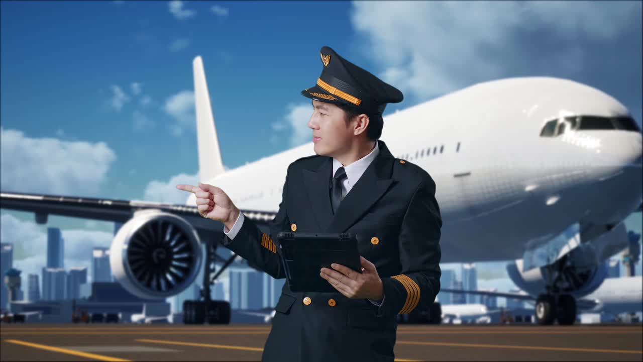태블릿 을 사용 하고 배경 에 비행기 를 가지고 공항 에 서 있는 동안  을 가리키는 아시아 사람 조종사