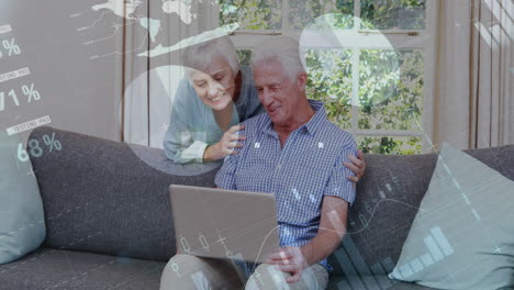 animation of financial data processing over caucasian couple using laptop