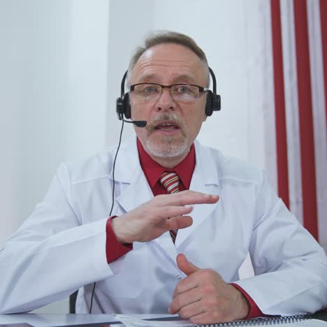 portrait of a doctor in glasses and headset. medical specialist sitting in hospital office and talking on camera during quarantine. remote medicine.