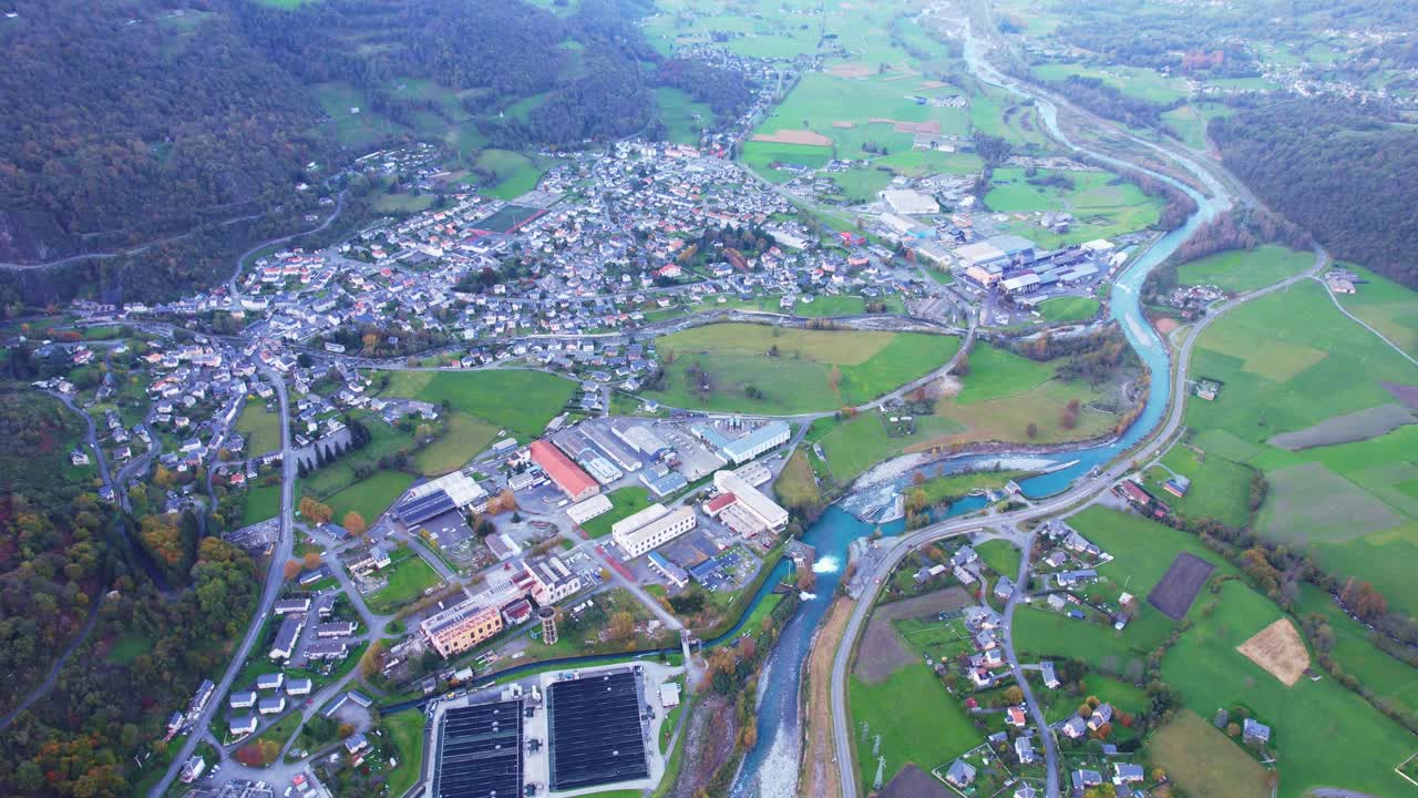 Aerial view of Soulom hydroelectric plant and Pyrenees landscape in France