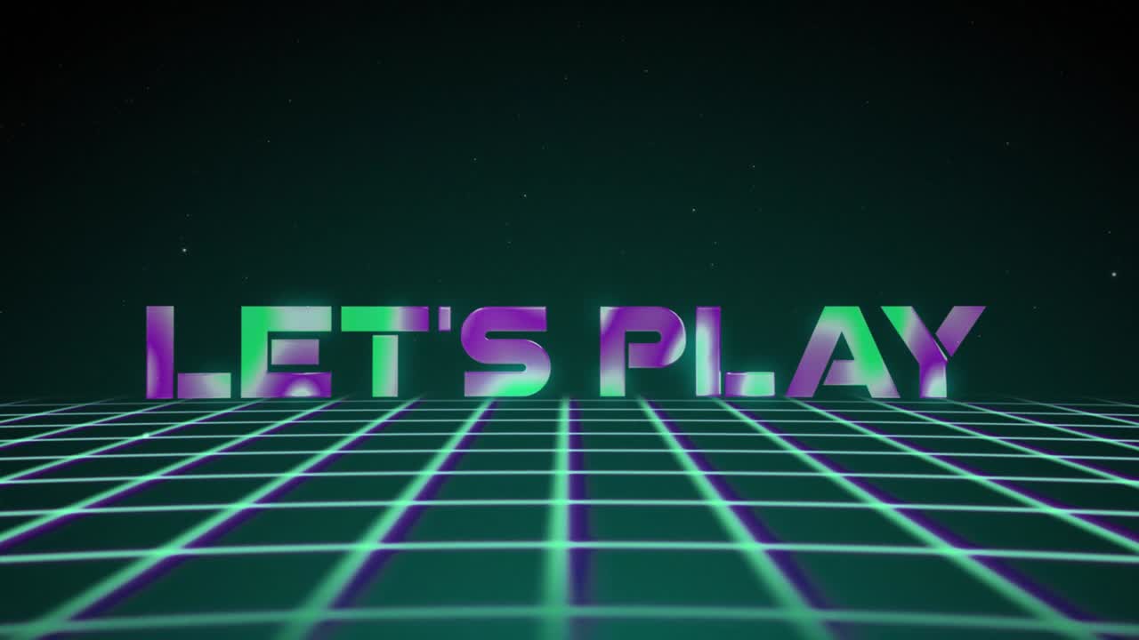 Synthwave wireframe net 80s with text LET'S PLAY . Retro futurism background. 3d illustration render seamless loop. 4k