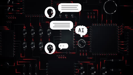 animation of ai text, icons and data processing over circuit board