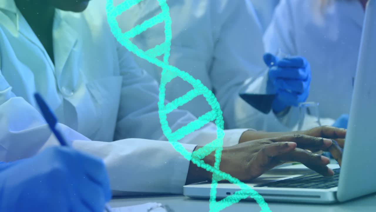 Animation of dna strand spinning over scientists in laboratory