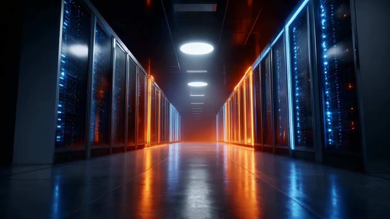 Exploring the Interior of a High-Tech Data Center: A Journey Through the Illuminated Aisles Flanked by State-of-the-Art Server Racks and Dazzling Lighting Effects, Emphasizing the Advanced Technology within Modern Computing Facilities