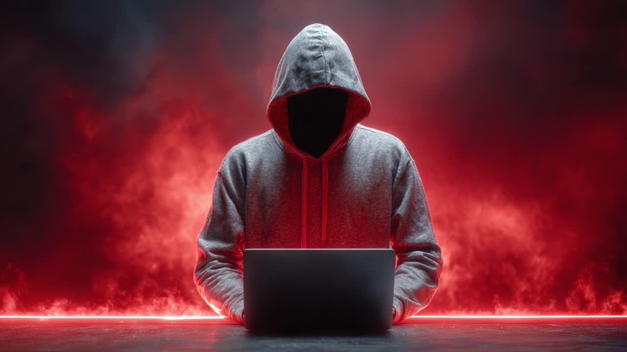 An ominous figure in a hoodie appears engaged with a laptop, shrouded in a mysterious red haze, suggesting themes of anonymity and digital intrigue