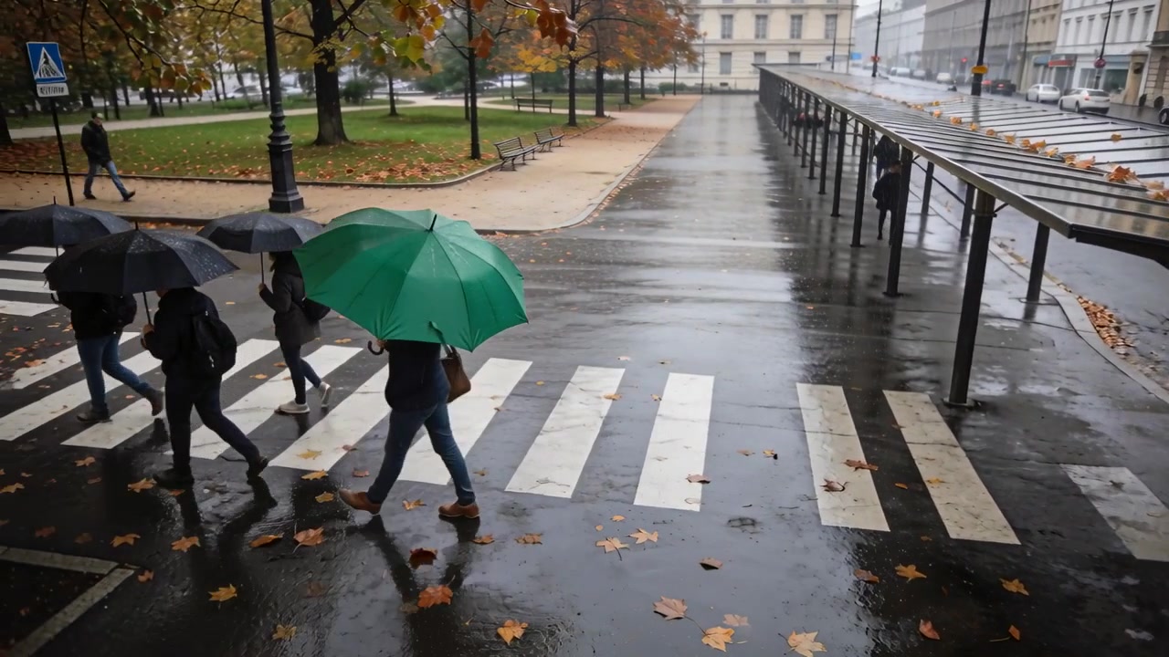 Crossing pedestrian with green umbrella walking across zebra crosswalk, commuting to work