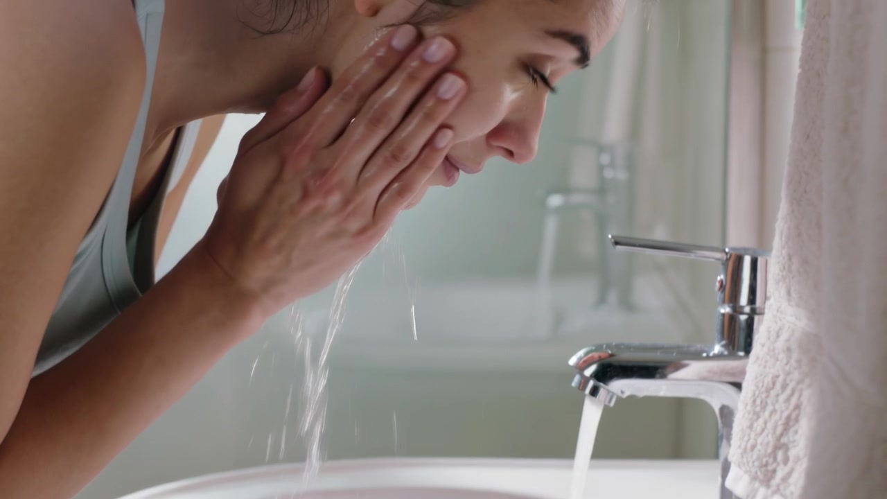 Running faucet urging woman cupping water splashing rinsing face at sink reaching towel, copy space