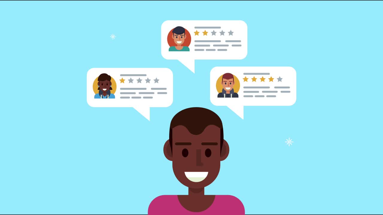 hombre afro con burbujas de chat animación de redes sociales