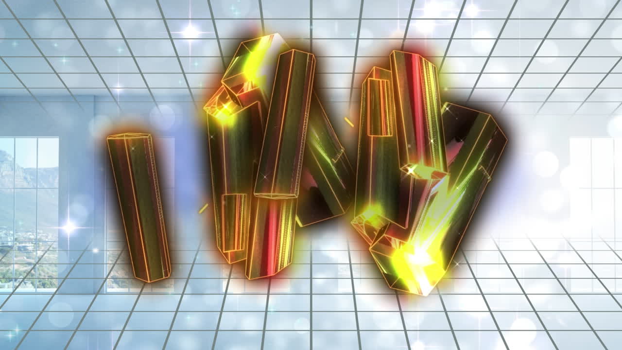 анимация золотых кристаллов, движущихся по сети против пустого офиса.