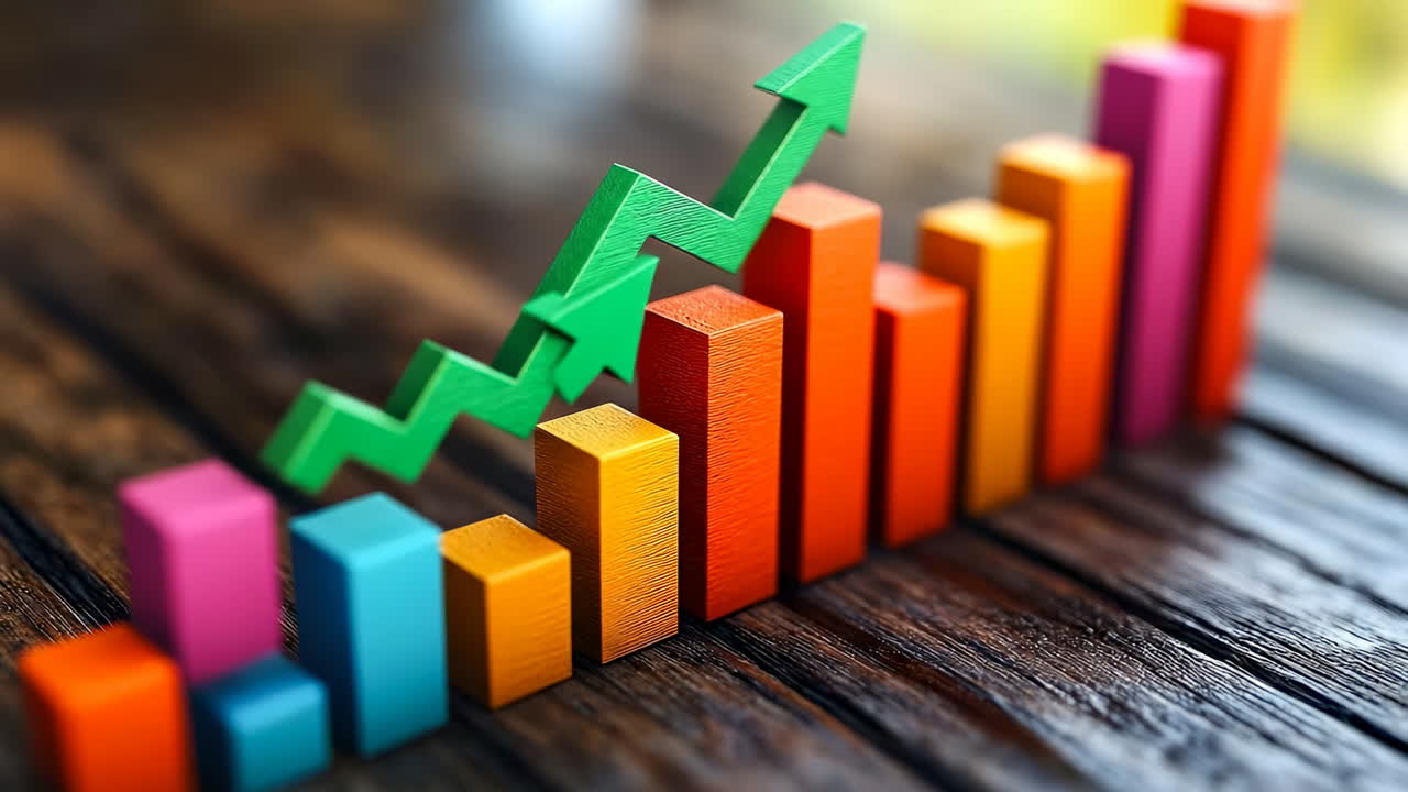 Sales show positive growth. Colorful bars represent sales growth over time, illustrating an upward trend in performance on a wooden table