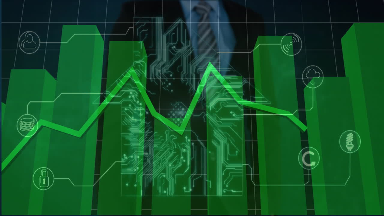 Green financial graph and circuit board animation over businessperson in suit