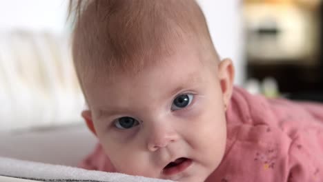 blue eyed baby caucasian girl lying on stomach wiggles around staring at camera