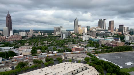 Panning-drone-view-of-Atlanta-Georgia-looking-towards-downtown-and-stadium