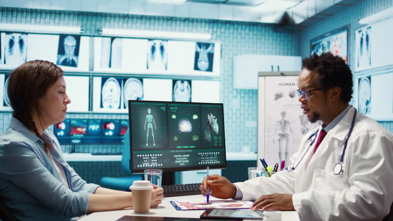 Medical expert discussing about diagnostics treatment with patient in cabinet