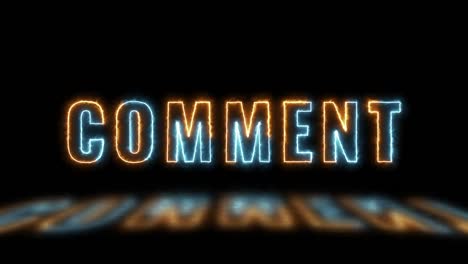 thin line text 'comment' with green and red lights with reflections on a dark background. simple seamless loop animated text. 4k typography motion graphic