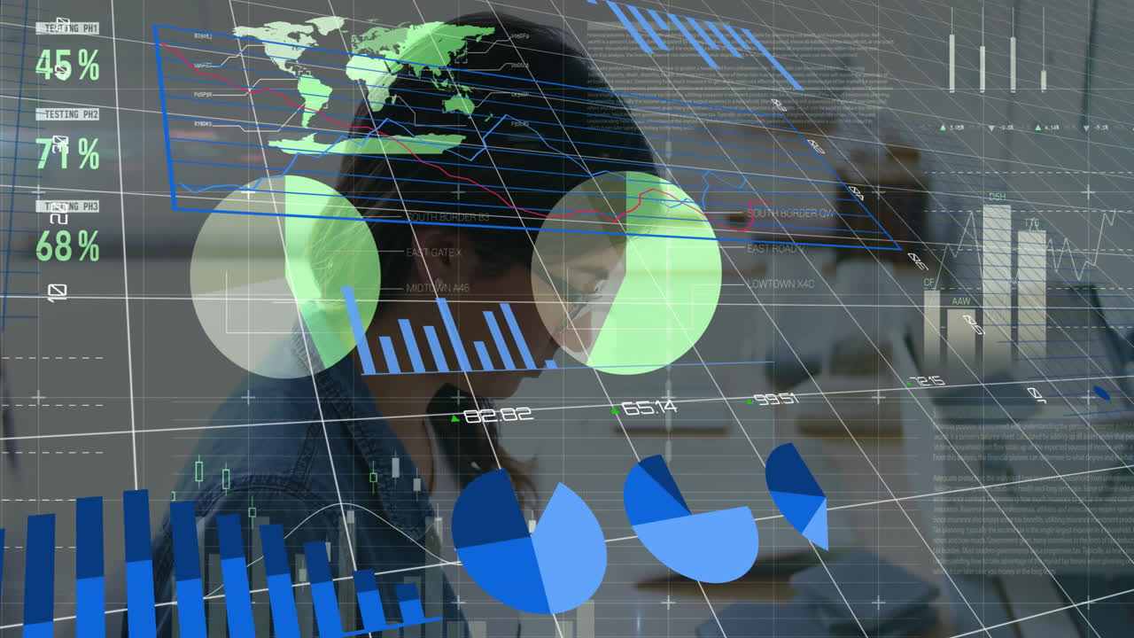 animación de la interfaz infográfica sobre el investigador caucásico que trabaja en el laboratorio.