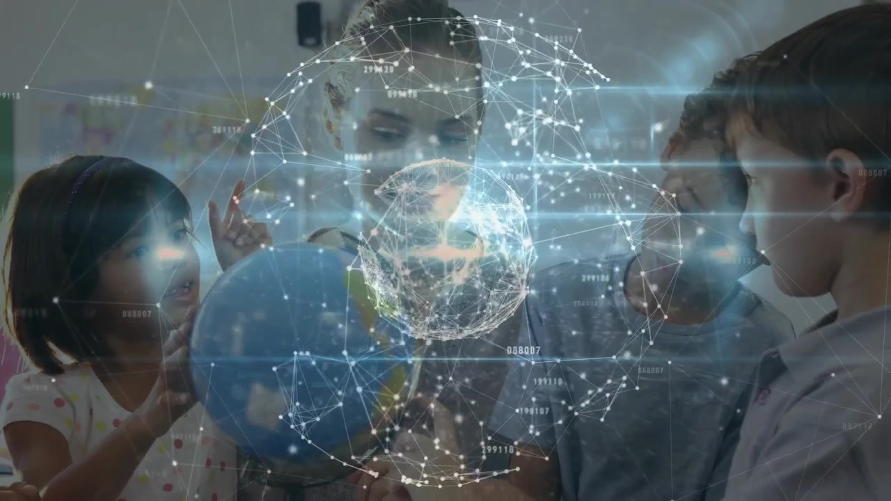 Teacher placing hand on globe, students reaching it, hologram forming, showing education network