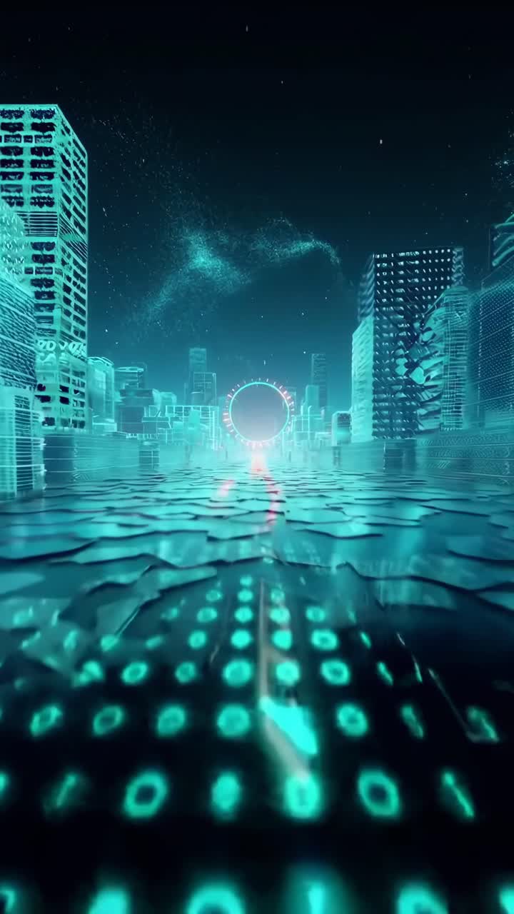 Futuristic cityscape video with a low-angle view, glowing digital patterns, and neon lights