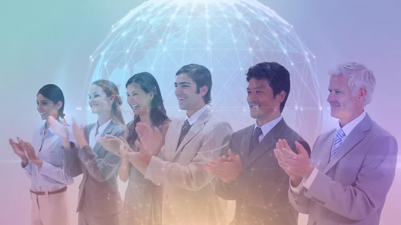 회색 배경에 박수를 치는 사업가 그룹에 대한 연결 네트워크의 세계