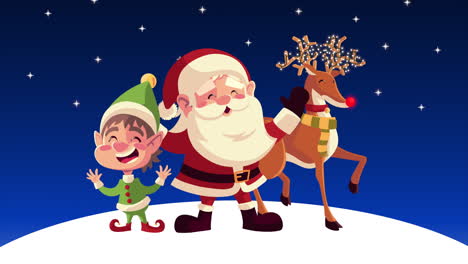 happy merry christmas animation with little santa and elf in landscape scene