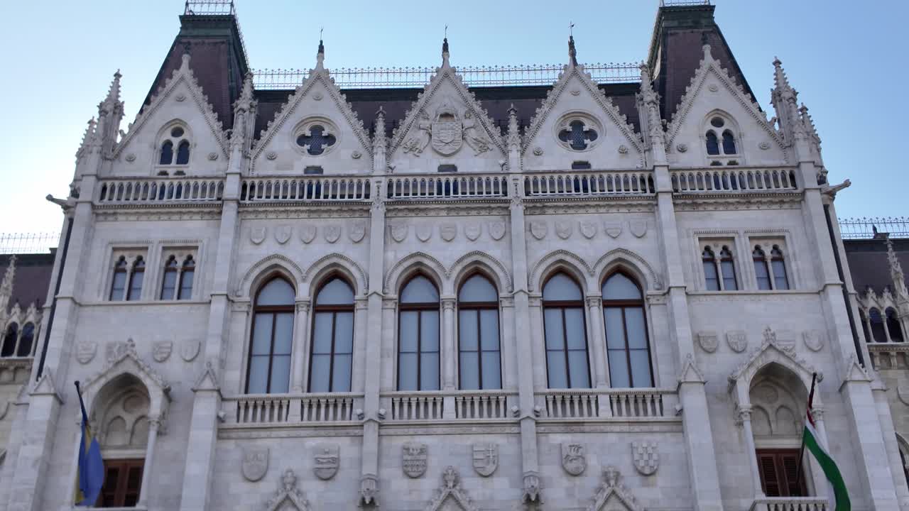 Ornate Neo Gothic facade of Hungarian Parliament Building in Budapest