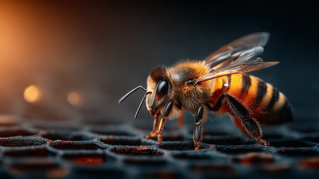 Close-Up Views of a Honeybee foraging on a Honeycomb in a Beautiful Captured Moment with Warm Background Light and Intricate Details