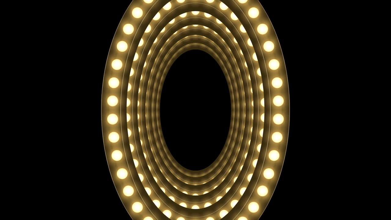 caja de bombilla incandescente de túnel marco de forma ovalada remolino girar patrón en movimiento, retro 3d estilo virtual ilustración brillo en fondo oscuro animación de bucle sin costuras 4k, con espacio de copia