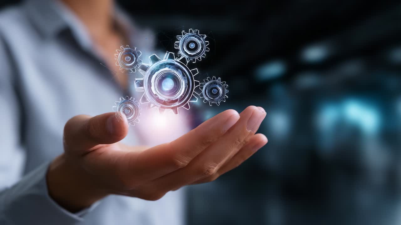 A Person's Hand is Holding a Glowing Holographic Display Featuring Rotating Gears and Mechanisms, Symbolizing Advanced Technology and Innovation in Automation and Engineering Processes for Future Industries