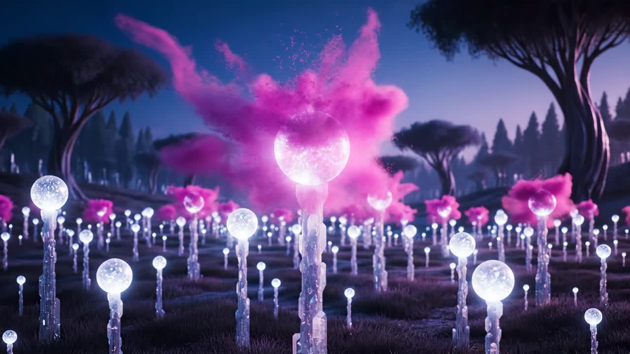 A surreal landscape with glowing orbs and fantastical trees