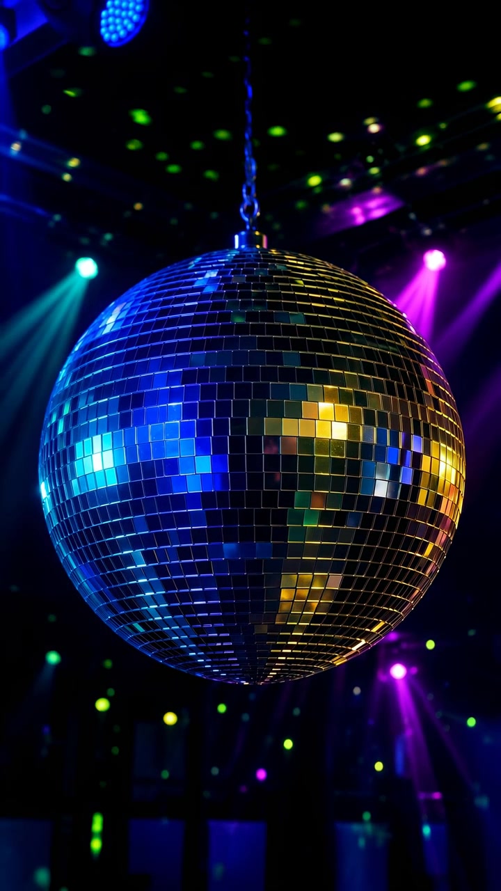 Una grande sfera a specchi rimane sospesa sopra una pista da ballo scura mentre faretti colorati e riflessi sparsi cambiano su piccole piastrelle quadrate e nello spazio circostante del club.