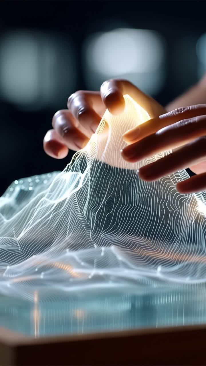 Una straordinaria visualizzazione 3D di catene montuose con linee intricate e luce vibrante che si riflette sulla superficie, catturando la bellezza dei paesaggi naturali.