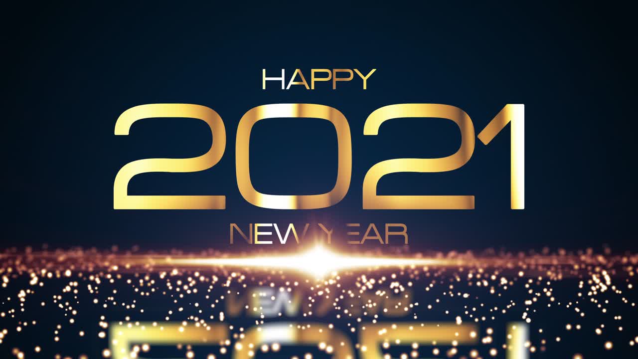 feliz año nuevo 2021 texto dorado con efecto de partículas brillantes brillantes y luz de llamarada de oro brillante. diseño de movimiento de bucle sin costuras 4k 3d para vacaciones de año nuevo luz de color dorado brilla de fondo