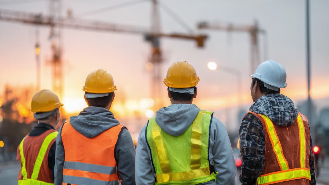 Workers Overseeing Sunset Construction: A Group of Construction Workers in Safety Gear Observing a Dusk Construction Scene with Cranes and Glowing Sky