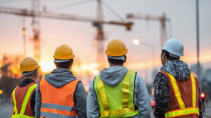 Workers Overseeing Sunset Construction: A Group of Construction Workers in Safety Gear Observing a Dusk Construction Scene with Cranes and Glowing Sky