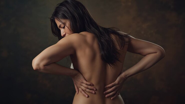 Feeling back tension, woman pressing hands on bare upper back, adjusting torso in portrait studio